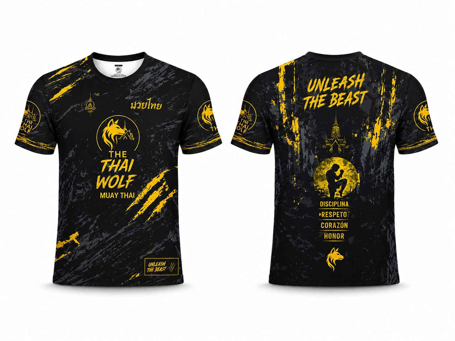 ChatGPT Image 8 jun 2026, 20_05_31 Camiseta Muay Thai The Thai Wolf | Dry Fit Transpirable | Negro y Dorado | Unleash The Beast - Imagen 1