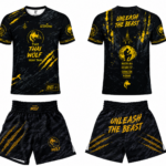 Conjunto Muay Thai The Thai Wolf | Camiseta + Shorts | Dry Fit Sublimado | Negro y Dorado