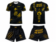 Conjunto Muay Thai The Thai Wolf | Camiseta + Shorts | Dry Fit Sublimado | Negro y Dorado